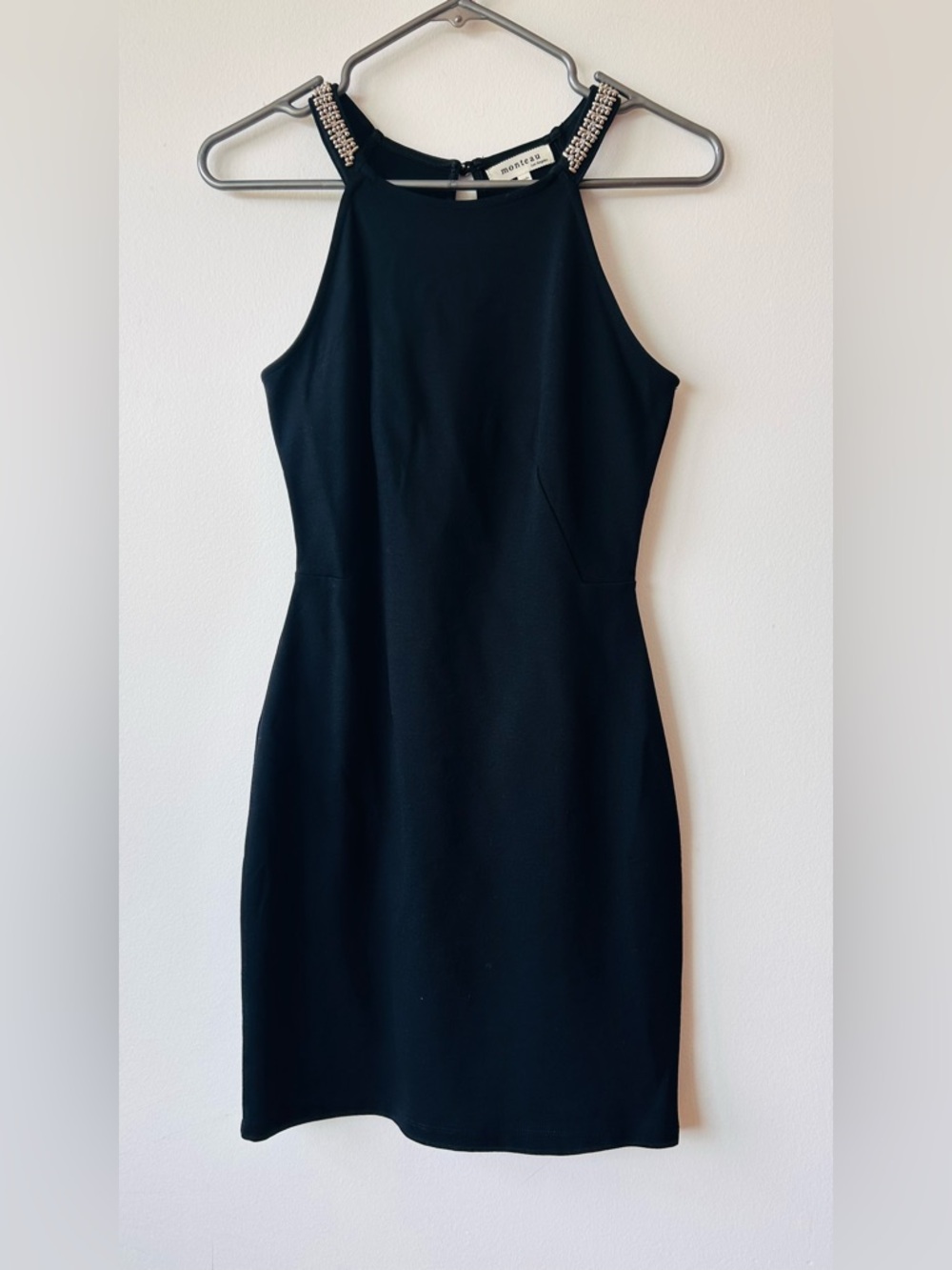 Monteau Black Cocktail Rhinestone-Trim Halter Mini Dress size S